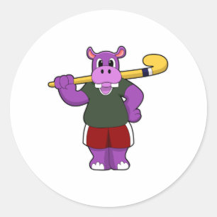 Hippo at Hockey with Hockey bat Classic Round Sticker