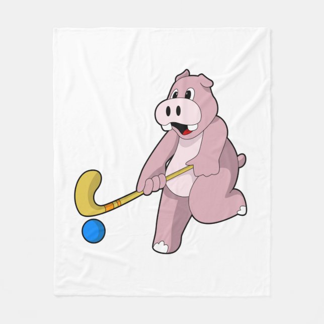 Hippo at Hockey with Hockey bat Fleece Blanket (Front)