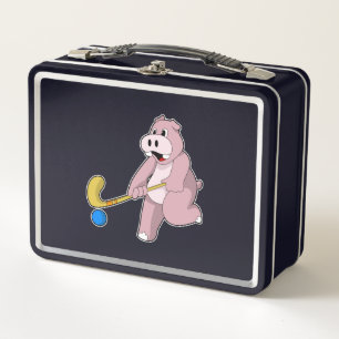 Hippo at Hockey with Hockey bat Metal Lunch Box