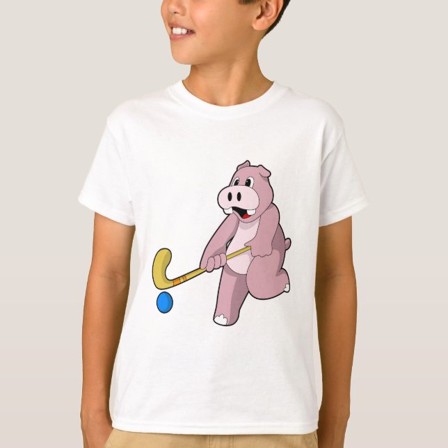 Hippo at Hockey with Hockey bat T-Shirt (Front)