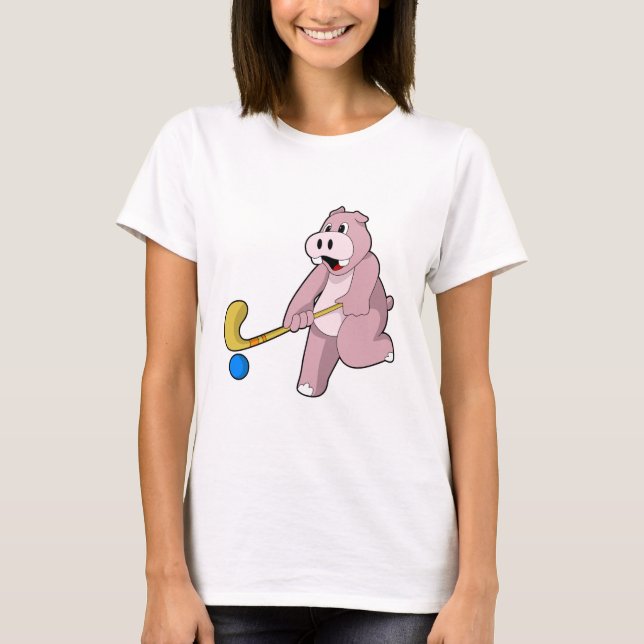 Hippo at Hockey with Hockey bat T-Shirt (Front)