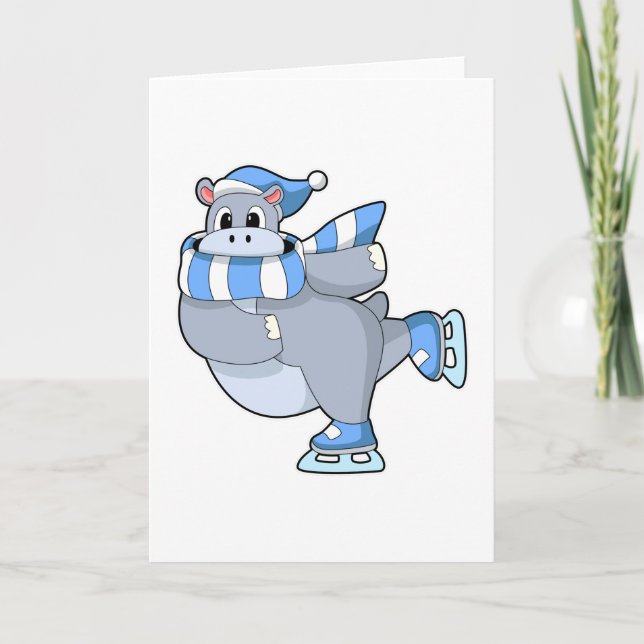 Hippo at Ice skating with Ice skates Card (Front)