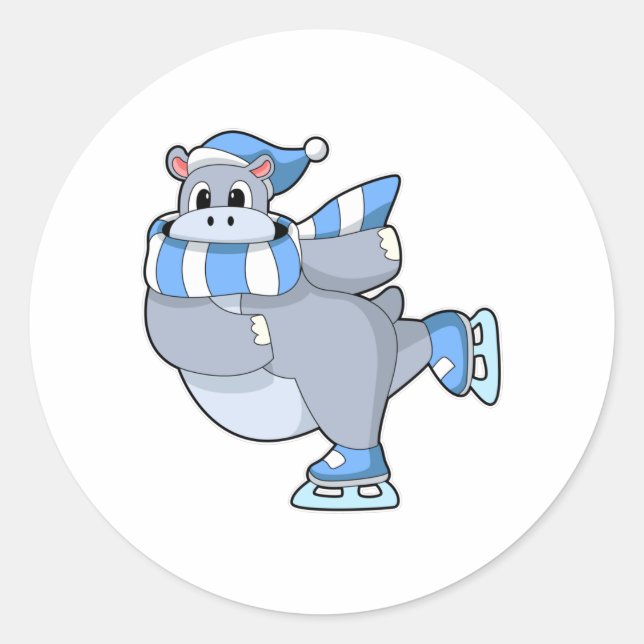 Hippo at Ice skating with Ice skates Classic Round Sticker (Front)