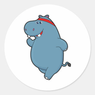 Hippo at Running with Headband Classic Round Sticker
