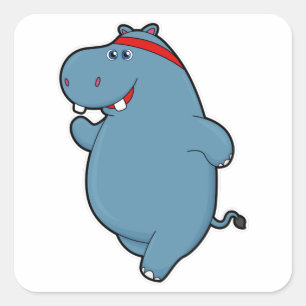 Hippo at Running with Headband Square Sticker