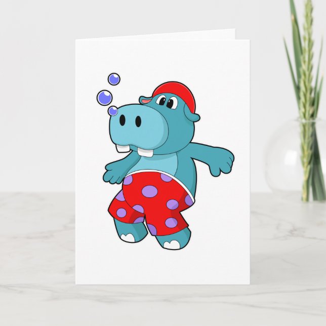 Hippo at Swimming with Swimming trunks Card (Front)
