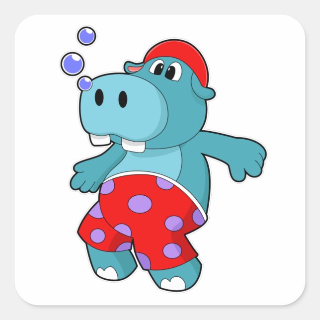 Hippo at Swimming with Swimming trunks Square Sticker (Front)