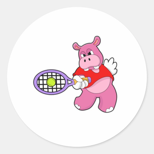 Hippo at Tennis with Tennis racket Classic Round Sticker (Front)