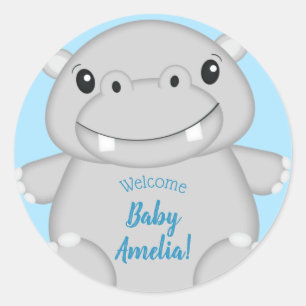 Hippo Baby Shower Blue Classic Round Sticker