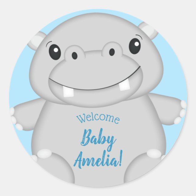 Hippo Baby Shower Blue Classic Round Sticker (Front)