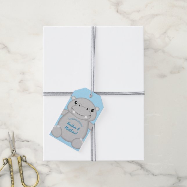 Hippo Baby Shower Blue Gift Tags (With Twine)