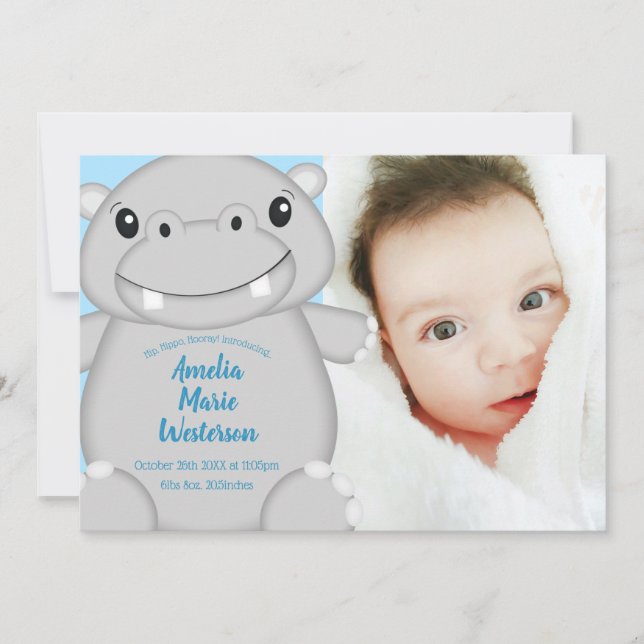 Hippo Baby Shower Blue Invitation (Front)