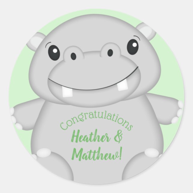 Hippo Baby Shower Green Classic Round Sticker (Front)