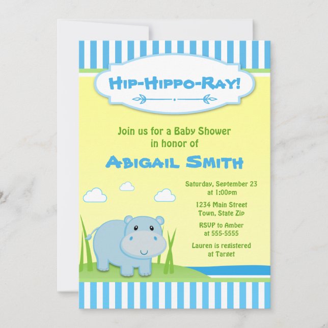 Hippo Baby Shower Invitation Blue Hippo Boy (Front)