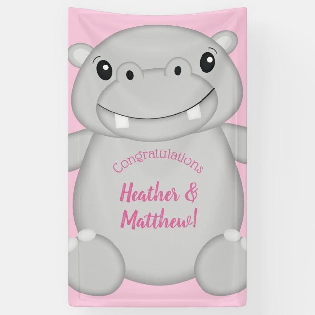 Hippo Baby Shower Pink Banner (Vertical)