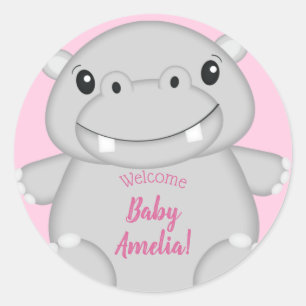Hippo Baby Shower Pink Classic Round Sticker
