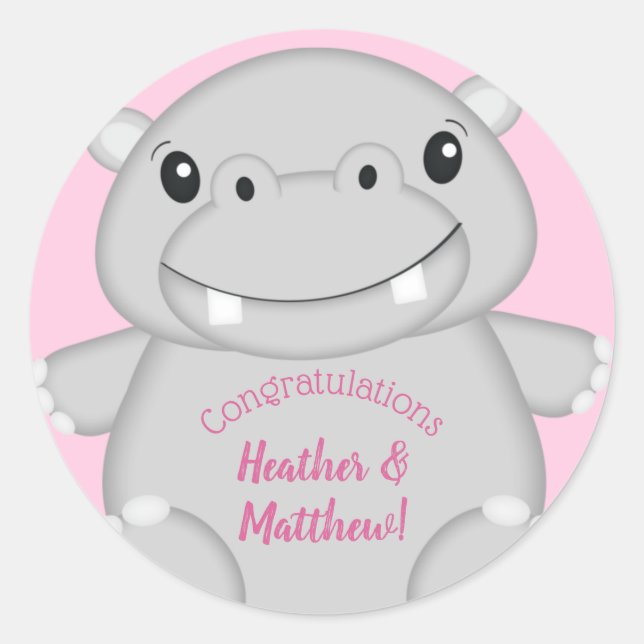 Hippo Baby Shower Pink Classic Round Sticker (Front)