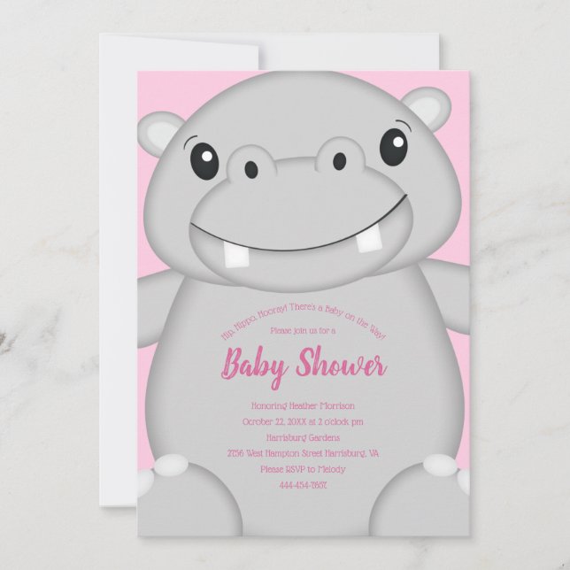 Hippo Baby Shower Pink Invitation (Front)