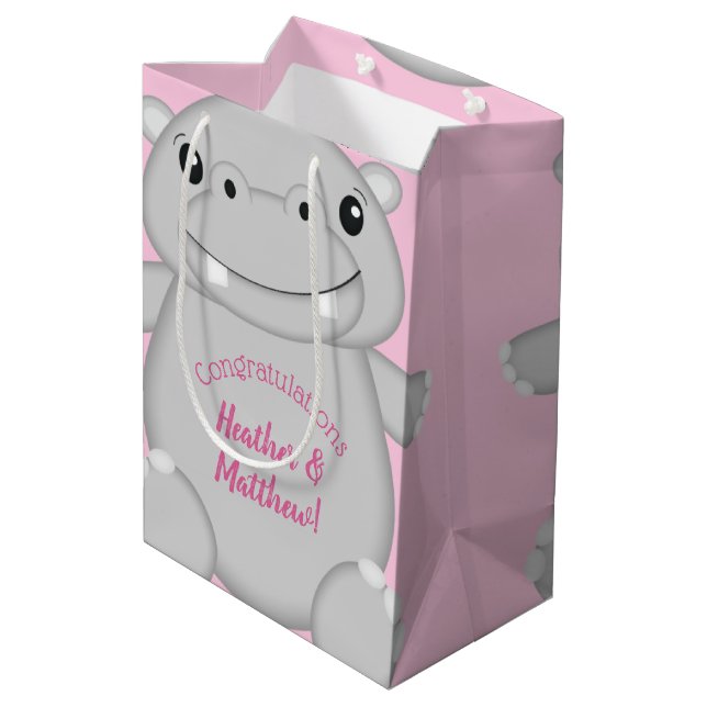 Hippo Baby Shower Pink Medium Gift Bag (Back Angled)
