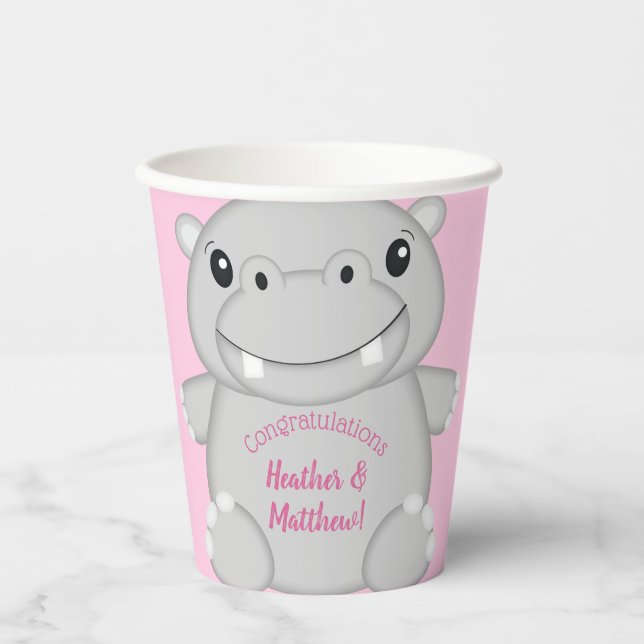 Hippo Baby Shower Pink Paper Cups (Front)
