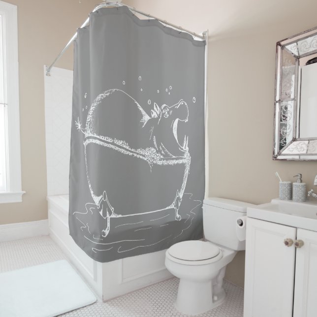 Hippo Bath Fun Illustration Grey White Shower Curtain (In Situ)