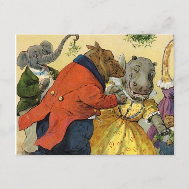 Hippo & Bear at the Christmas Ball in Animal Land Holiday Postcard (Front)