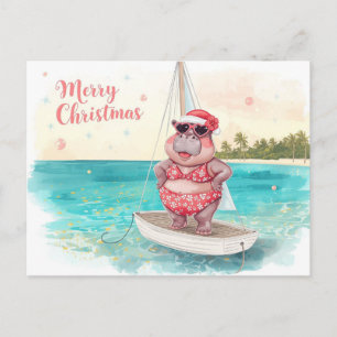 Hippo Bikini Christmas Sailling Holiday Postcard