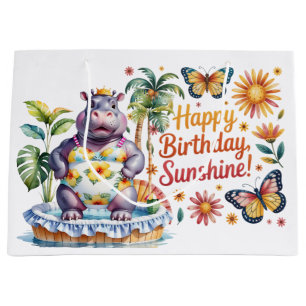 Hippo Birthday at the beach Sunny Day Large Gift Bag