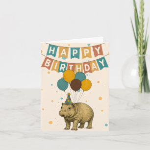 Hippo Birthday Card – Cute Animal with Balloons