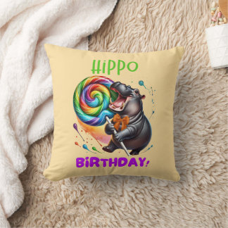 Hippo Birthday Cheerful, Colorful Candy Swirl | Cushion