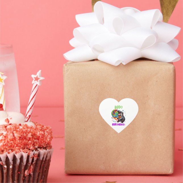Hippo Birthday Cheerful, Colorful Candy Swirl | Heart Sticker (Party)