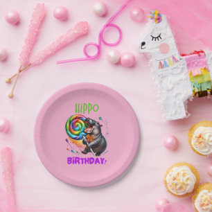 Hippo Birthday Cheerful, Colorful Candy Swirl   Paper Plate