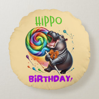 Hippo Birthday Cheerful, Colorful Candy Swirl | Round Cushion