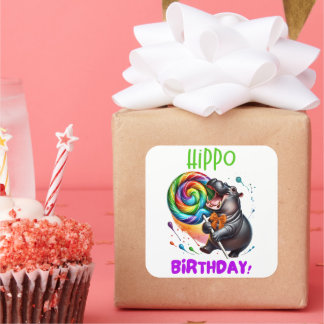 Hippo Birthday Cheerful, Colorful Candy Swirl | Square Sticker