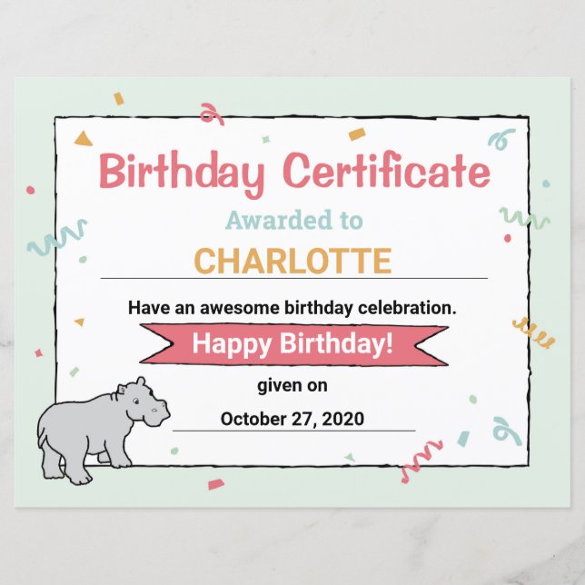 Hippo Birthday Party Hippo HippopotamusCertificate (Front)