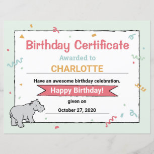 Hippo Birthday Party Hippo HippopotamusCertificate