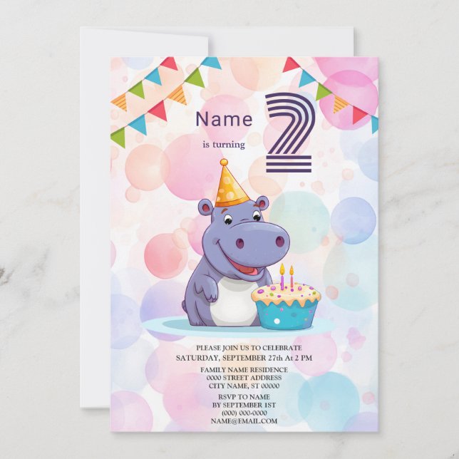 Hippo Birthday Party Invitation (Front)