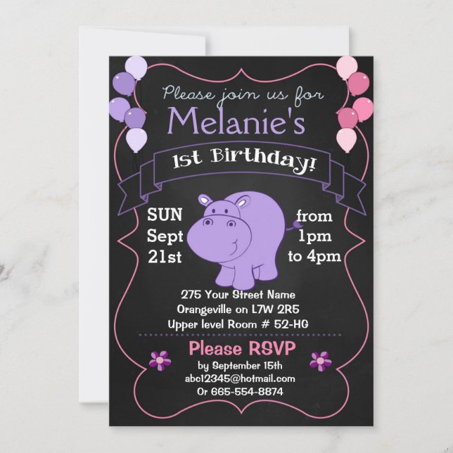 Hippo Birthday Party invitations (Front)