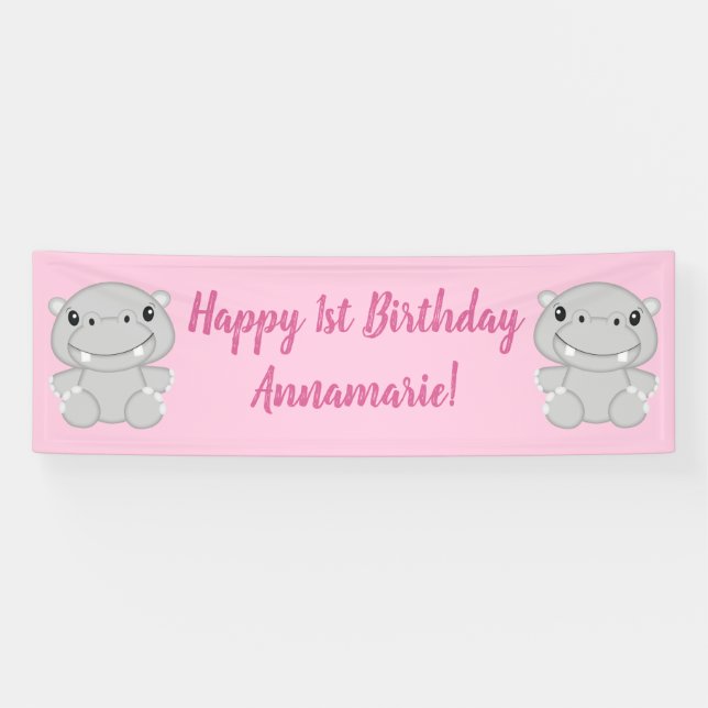 Hippo Birthday Party Pink Banner (Horizontal)