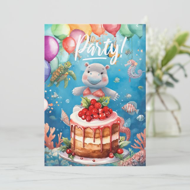 Hippo Birthday Party underwater Invitation (Standing Front)