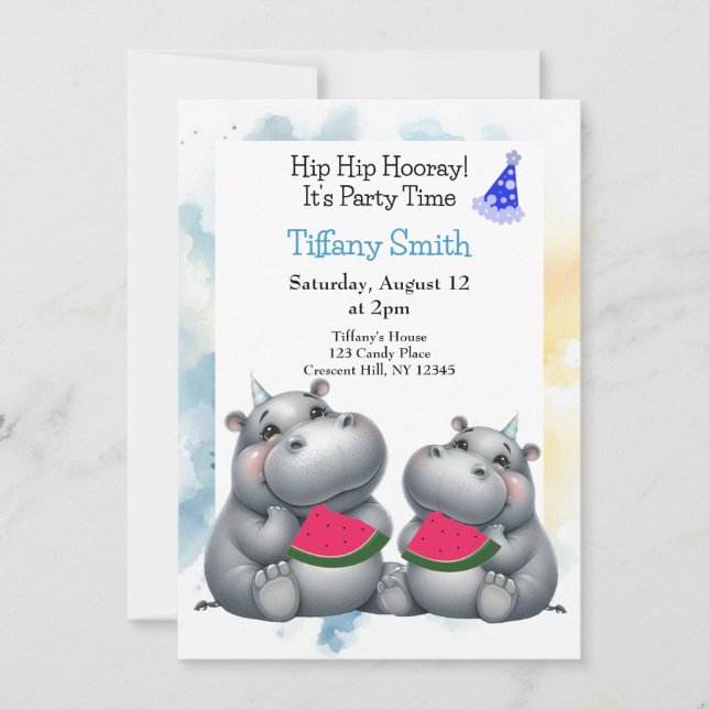  Hippo Birthday Party Watermelon Invitation (Front)