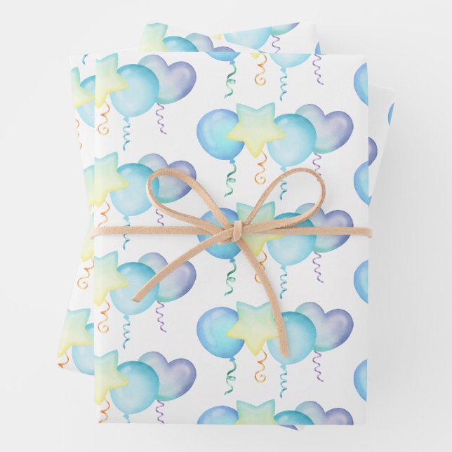 Hippo Birthday soft blue balloon gift  Wrapping Paper Sheet (In situ)