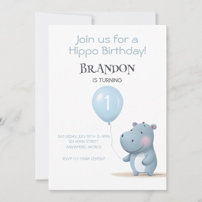 Hippo Birthday soft blue simple invitation (Front)