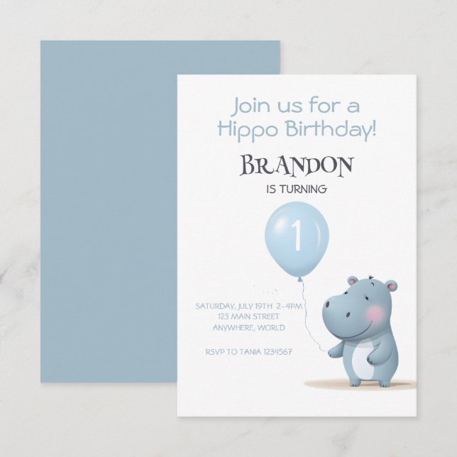 Hippo Birthday soft blue simple invitation (Front/Back)