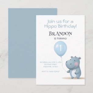 Hippo Birthday soft blue simple invitation