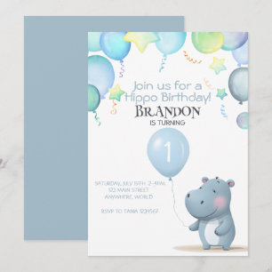 Hippo Birthday soft blue simple invitation
