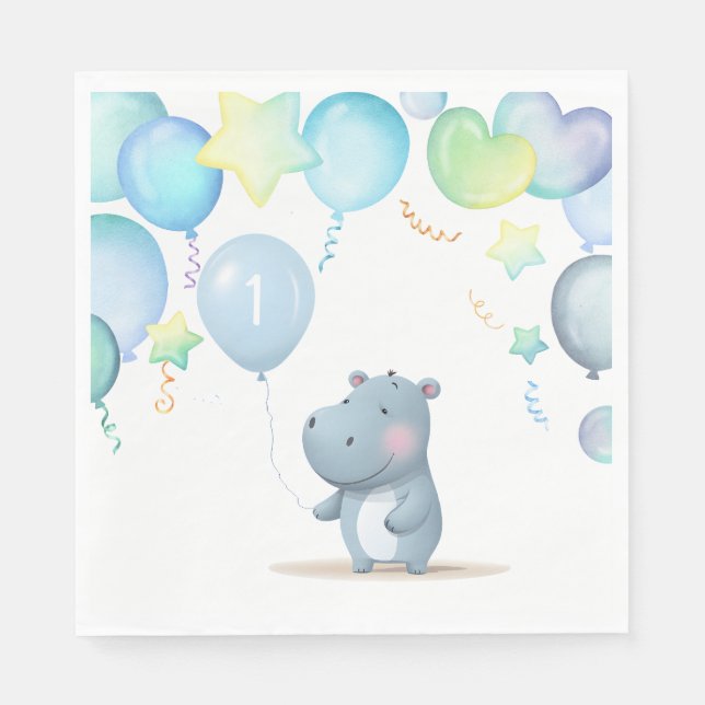 Hippo Birthday soft blue simple napkins (Front)