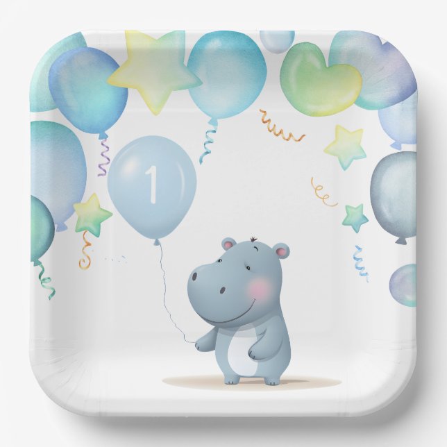 Hippo Birthday soft blue simple napkins Paper Plate (Front)