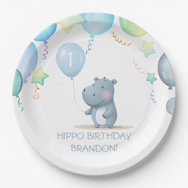 Hippo Birthday soft blue simple paper plate (Front)