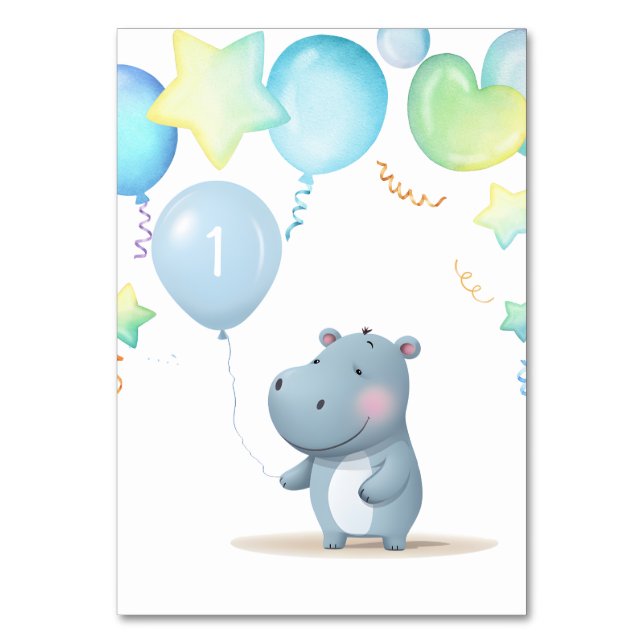 Hippo Birthday soft blue  Table Number (Front)